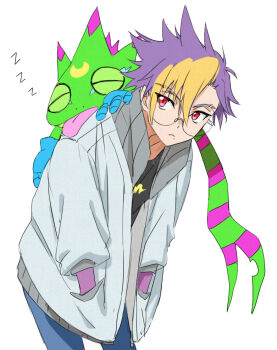 Rule 34 | 1boy, animal on back, bent over, black shirt, blonde hair, blue hair, blue pants, closed eyes, closed mouth, cowboy shot, digimon, digimon (creature), digimon beatbreak, gecko, gekkomon, hands in pockets, jacket, looking back, mole, mole under mouth, multicolored hair, pants, purple eyes, risyo, round eyewear, shirt, short hair, simple background, tenma tomoro, two-tone hair, white background, white jacket