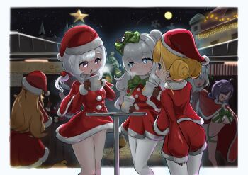 +_+ 6+girls absurdres azur_lane bearn_(azur_lane) blonde_hair blue_eyes breasts brown_gloves christmas christmas_tree commentary_request cross-shaped_pupils double_bun drooling exhibitionism flandre_(azur_lane) gloves ha=thu hair_bun hair_ribbon hat highres joffre_(azur_lane) large_breasts le_malin_(azur_lane) le_triomphant_(azur_lane) long_hair low_twintails manjuu_(azur_lane) medium_hair mogador_(azur_lane) mouth_drool multiple_girls night outdoors pantyhose public_indecency purple_eyes purple_hair red_ribbon ribbon ribbon_as_bra richelieu_(azur_lane) santa_costume santa_hat sky star_(sky) starry_sky symbol-shaped_pupils twintails white_hair white_pantyhose