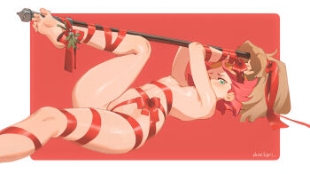 1girl amanda_o'neill barefoot bdsm bondage bound breasts broom christmas commentary dnaitari english_commentary feet green_eyes highres legs little_witch_academia multicolored_hair naked_ribbon orange_hair ribbon short_hair simple_background small_breasts soles toes two-tone_hair