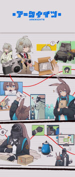 ! +++ 1other 2boys 4girls ? absurdres ahoge amiya_(arknights) animal_ears arknights bare_shoulders black_gloves black_hair black_jacket blue_collar blue_eyes blue_jacket box brown_eyes brown_hair brown_vest camera cardboard_box character_request chinese_commentary closed_eyes closed_mouth coat coffee_pot collar collared_shirt commentary_request computer_keyboard copyright_name crossed_arms cup disposable_coffee_cup disposable_cup doctor_(arknights) doll double_v drink girls_band_cry gloves grey_coat grey_hair hair_between_eyes hair_ornament highres holding holding_camera holding_drink holding_letter hood hood_up hooded_coat hooded_jacket incredibly_absurdres jacket jia_redian_ruzi_ruzi kal'tsit_(arknights) letter long_hair long_sleeves looking_at_object looking_at_viewer monitor multiple_boys multiple_girls necktie note notice_lines off_shoulder rabbit_ears rabbit_girl red_necktie ribbon-trimmed_hood ribbon_trim robot scene_(arknights) shirt short_hair sparkle spoken_character spoken_exclamation_mark spoken_question_mark spoken_squiggle spoken_thumbs_up squiggle star_(symbol) star_hair_ornament sweatdrop thumbs_up two-sided_fabric two-sided_jacket v vest watch white_shirt wristwatch