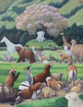 animal animal_focus anteater bear beaver bird bug butterfly commentary_request dog elephant fox giraffe goat highres hippopotamus horse insect lion llama matsumoto_ryohei mouse_(animal) no_humans original outdoors penguin pig piglet rabbit raccoon red_panda rhinoceros_beetle sheep tortoise tree turtle white_rabbit_(animal)