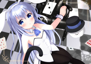 1girl absurdres angora_rabbit animal_ears blue_eyes blue_hair cane gochuumon_wa_usagi_desu_ka? hat highres kafuu_chino leotard maple_0126 playboy_bunny rabbit rabbit_ears sitting tippy_(gochiusa) top_hat white_leotard wrist_cuffs
