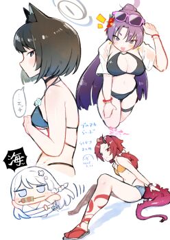 Rule 34 | 4girls, animal ears, bikini, black eyes, blue archive, breasts, cat ears, cat girl, chibi, colored eyelashes, commentary request, dragon tail, eyewear on head, flower, food, hair flower, hair ornament, halo, highres, horns, hyakkaryouran (blue archive), kikyou (blue archive), kikyou (swimsuit) (blue archive), multiple girls, nagusa (blue archive), nagusa (swimsuit) (blue archive), navel, o-ring, o-ring bikini, official alternate costume, open mouth, ponytail, purple hair, purple halo, red halo, red tail, renge (blue archive), renge (swimsuit) (blue archive), single horn, sitting, skewer, speech bubble, swimsuit, tail, thigh strap, urode, white eyelashes, white eyes, white hair, white halo, yakitori, yukari (blue archive), yukari (swimsuit) (blue archive)