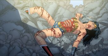 1girl absurdres abuse american_flag american_flag_pants american_flag_print artist_request battle beaten black_hair bleeding blood blood_from_mouth blood_on_arm blood_on_face blood_on_leg blood_splatter blood_stain blue_eyes boots bracer bruise bruise_on_face building claw_mark cuts damaged dc_comics dc_extended_universe debris deep_wound defeat destruction flag_print gravel guro highres imminent_death injury justice_league leotard long_hair lying md5_mismatch nosebleed on_back one_eye_closed pain pants print_pants red_lips rubble ruins ryona scar scratches superhero_costume tiara torn torn_clothes torn_leotard unconscious violence western_comics_(style) wince wonder_woman wonder_woman_(series) wreckage