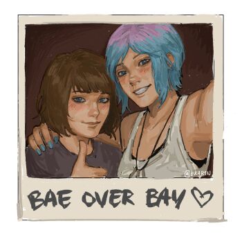 2girls arm_around_shoulder blue_eyes blue_hair blue_nails bob_cut brown_hair chloe_price commentary ekar1n grin hashtag-only_commentary highres jewelry life_is_strange_(series) life_is_strange_1 max_caulfield multicolored_hair multiple_girls necklace pink_hair selfie short_hair signature smile tank_top thumbs_up two-tone_hair white_tank_top