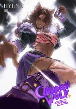 1girl alien_stage black_choker brown_hair character_name choker clawdeen_wolf clawdeen_wolf_(cosplay) cosplay crop_top cropped_jacket dark-skinned_female dark_skin eliasis fangs fur-trimmed_jacket fur_trim grey_eyes grin hair_over_one_eye hashtag-only_commentary highres hyuna_(alien_stage) jacket long_hair monster_high monster_high_(g1) navel purple_nails purple_skirt skirt smile solo