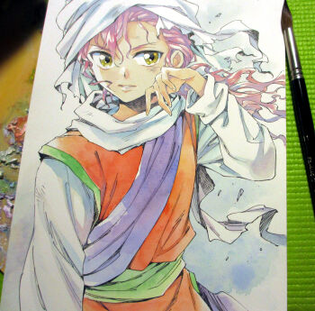 1girl agahari art_brush art_tools_in_frame commentary_request genkai genkai_(young) green_sash hand_up hat long_hair paintbrush painting_(medium) parted_lips photo_(medium) pink_hair red_tunic sash shirt sideways_glance solo torn_clothes torn_hat traditional_media tunic upper_body white_hat white_shirt yellow_eyes yuu_yuu_hakusho
