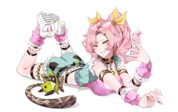 1girl absurdres armlet ass bare_shoulders blue_shorts blue_vest breasts cellphone coin_earrings commentary denim denim_shorts denim_vest english_commentary fake_tail feet_up fishnet_arm_warmers fishnet_shorts fishnet_socks fishnets flip_phone full_body fur-trimmed_shorts fur-trimmed_vest fur_trim gold_collar green_eyes highres holding holding_phone jewelry large_breasts leg_warmers leopard_tail long_hair lying mole mole_under_eye multicolored_nails nicole_demara nicole_demara_(cunning_cutie) official_alternate_costume on_stomach parted_lips phone pink_arm_warmers pink_hair pink_leg_warmers pink_tube_top ribbon shorts simple_background socks solo strapless tail thaigermane the_pose tube_top two_side_up vest white_background yellow_ribbon zenless_zone_zero