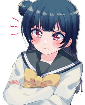 1girl angry blue_hair blunt_bangs blush brown_jacket commentary_request cream_(nipakupa) crossed_arms grey_sailor_collar hair_bun jacket long_hair long_sleeves looking_at_viewer love_live! love_live!_sunshine!! neck_ribbon pout red_eyes ribbon sailor_collar school_uniform single_side_bun solo tsushima_yoshiko uranohoshi_school_uniform white_background yellow_ribbon