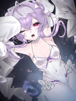 1girl absurdres ahoge air_bubble armpits arms_up breasts bubble cleavage collar commentary_request covered_navel detached_sleeves frills goddess_of_victory:_nikke hair_intakes hairband headgear highres leotard liberalio_(nikke) looking_at_viewer one_eye_closed open_mouth pantyhose purple_hair red_eyes sakael short_hair_with_long_locks sleeves_past_fingers sleeves_past_wrists solo underwater white_collar white_leotard white_pantyhose white_sleeves yawning