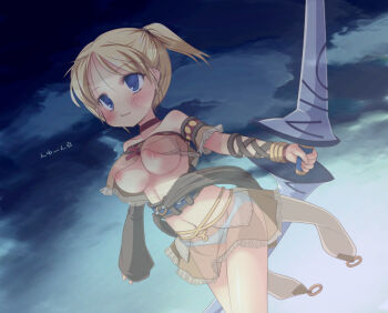 1girl :3 areola_slip bare_shoulders belt blonde_hair blue_eyes blush bow_(weapon) breast_curtains breasts brown_belt brown_skirt brown_sleeves choker closed_mouth cloud collarbone cowboy_shot detached_sleeves fantasy_earth_zero from_below hair_between_eyes holding holding_bow_(weapon) holding_weapon large_breasts miniskirt navel nipples non-web_source outdoors outstretched_arms panties red_choker revealing_clothes ribbon_between_breasts scout_(lakota_outfit)_(fantasy_earth_zero) see-through_body see-through_clothes see-through_shirt see-through_skirt shirt short_hair side_ponytail skirt sky smile solo standing strapless underboob underwear wazawogi_(wzog) weapon white_panties wind wind_lift