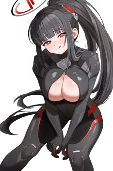Rule 34 | 1girl, :q, absurdres, between legs, black bodysuit, black hair, black halo, blue archive, blunt bangs, blush, bodysuit, breasts, bright pupils, chinese commentary, cleavage, commentary request, hair ornament, halo, hand between legs, highres, impossible bodysuit, impossible clothes, invisible chair, large breasts, latex, latex bodysuit, long hair, looking at viewer, multicolored halo, official alternate costume, official alternate hairstyle, open bodysuit, open clothes, ponytail, red eyes, ringed eyes, rio (blue archive), rio (bodysuit) (blue archive), sidelocks, simple background, sitting, skin tight, smile, solo, tongue, tongue out, two-tone halo, very long hair, white background, white pupils, wudumm
