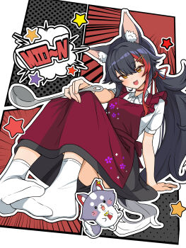 1girl absurdres animal_ears black_hair commentary_request english_text feet floral_print full_body hair_ornament highres holding holding_ladle hololive ladle long_hair looking_at_viewer miofa_(ookami_mio) multicolored_hair ookami_mio open_mouth red_hair short_sleeves solo speech_bubble tail virtual_youtuber wolf_ears wolf_girl wolf_tail yadokaribeer yellow_eyes