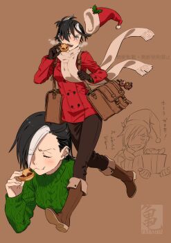 artist_name bag blush brown_gloves closed_eyes commentary_request ear_piercing eating food gloves hat highres holding holding_food iwado_anna kamezaemon original piercing santa_hat scarf shoulder_bag