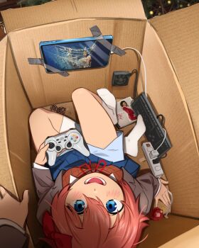 1girl 1other 2023_titan_submersible_incident absurdres blue_eyes blue_skirt blush bow box breasts cable cardboard_box cd_case cellphone christmas_ornaments computer_keyboard controller doki_doki_literature_club doki_doki_literature_club_school_uniform electric_fan from_above game_controller grey_jacket hair_between_eyes hair_bow highres holding holding_controller holding_game_controller in_box in_container jacket khyle. long_sleeves looking_at_viewer looking_up mariah_carey medium_breasts neck_ribbon no_shoes open_box open_clothes open_jacket open_mouth phone photo_inset pink_hair pleated_skirt power_strip real_life red_bow red_ribbon ribbon rms_titanic sayori_(doki_doki_literature_club) school_uniform short_hair sitting skirt smartphone socks solo_focus tape white_socks wireless_game_controller