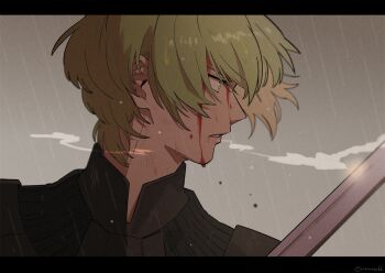 1boy armor black_armor black_gorget blood blood_on_face commentary_request film_grain fire_emblem fire_emblem:_three_houses floating_hair from_side gorget green_eyes green_hair grey_sky injury letterboxed male_byleth_(awakened)_(fire_emblem) male_byleth_(fire_emblem) male_focus nintendo nzmnnkk official_alternate_hair_color parted_lips profile rain short_hair sky solo sword teeth weapon