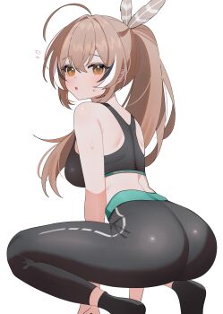 Rule 34 | 1girl, :o, absurdres, ahoge, ass, black pants, black sports bra, breasts, brown eyes, brown hair, feather hair ornament, feathers, film grain, from behind, hair ornament, high ponytail, highres, hololive, hololive english, leggings, long hair, medium breasts, midriff, nanashi mumei, pants, ponytail, shusuchii, simple background, solo, sports bra, squatting, very long hair, virtual youtuber, white background, yoga pants