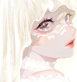 1girl absurdres blonde_hair close-up commentary_request cropped_shoulders from_side highres looking_at_viewer looking_to_the_side moon_oo8 original solo veil white_background white_veil yellow_eyes
