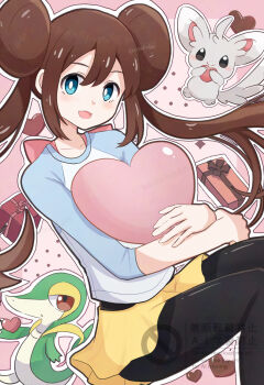 Rule 34 | 1girl, :d, aoneko4ao (edwf7745), black pantyhose, blue eyes, box, bright pupils, brown hair, collarbone, commentary, double bun, gen 5 pokemon, gift, gift box, hair bun, happy, highres, light blush, long hair, looking at viewer, minccino, nintendo, open mouth, outline, pantyhose, pokemon, pokemon (creature), pokemon bw2, raglan sleeves, rosa (pokemon), shirt, shorts, sidelocks, smile, snivy, twintails, untranslatable commentary, watermark, white pupils, yellow shorts
