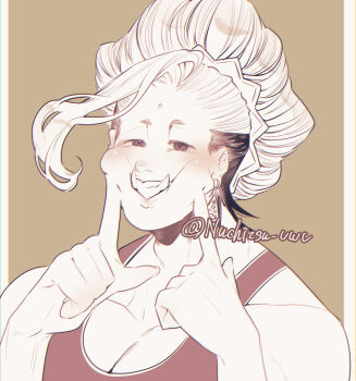 1boy absurdres bindi brown_background buddha_(shuumatsu_no_valkyrie) crown crown_hair_ornament crown_ornament ear_piercing earrings facial_mark fangs fingers_to_cheeks forehead_mark greyscale hair_bun half-closed_eyes hands_up highres jewelry long_hair looking_at_viewer loose_hair_strand male_focus monochrome multicolored_hair muscular muscular_male nanako_nuchitsu pectoral_cleavage pectorals piercing shuumatsu_no_valkyrie smile solo tank_top teeth toned toned_male twitter_username upper_body