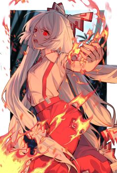 1girl bow fire fujiwara_no_mokou hair_bow highres long_hair minuo open_mouth pants pyrokinesis red_eyes red_pants shirt solo touhou v-shaped_eyebrows very_long_hair white_hair white_shirt