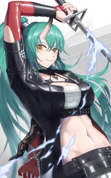 1girl absurdres arknights arm_up belt belt_buckle black_belt black_jacket breasts buckle chest_belt chest_sarashi cleavage commentary english_commentary fingernails green_hair hair_between_eyes highres holding holding_sword holding_weapon horns hoshiguma_(arknights) hoshiguma_the_breacher_(arknights) jacket long_hair magic medium_breasts midriff mouth_hold nail_polish navel open_clothes open_jacket red_nails sarashi single_horn skin-covered_horns solo stalk_in_mouth sword tolinaun weapon yellow_eyes