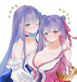 Rule 34 | 2girls, bare shoulders, blue choker, blue eyes, blue one-piece swimsuit, blue ribbon, breasts, choker, cleavage, double bun, fate/grand order, fate (series), frills, hair bun, hair ribbon, heart, highres, huge breasts, jacket, long hair, long sleeves, looking at viewer, meltryllis, meltryllis (fate), meltryllis (swimsuit lancer) (fate), meltryllis (swimsuit lancer) (second ascension) (fate), multiple girls, nigiri, off-shoulder one-piece swimsuit, off shoulder, one-piece swimsuit, one eye closed, open clothes, open jacket, passionlip (swimsuit saber) (first ascension) (fate), passionlip (fate), puckered lips, purple eyes, purple hair, red ribbon, ribbon, small breasts, smile, strapless, strapless one-piece swimsuit, swimsuit, zipper, zipper pull tab