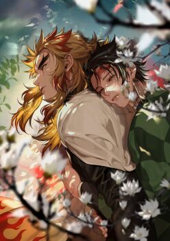 2boys black_hair black_jacket blonde_hair blurry blurry_foreground branch cape checkered_haori closed_eyes closed_mouth day demon_slayer_uniform depth_of_field earrings flame_print flower forked_eyebrows green_haori half-closed_eyes hanafuda_earrings haori hashimoto_(yanagi-momo) highres hug hug_from_behind jacket japanese_clothes jewelry kamado_tanjirou kimetsu_no_yaiba leaf long_hair long_sleeves looking_at_another looking_to_the_side male_focus multicolored_hair multiple_boys outdoors parted_lips profile red_eyes red_hair rengoku_kyoujurou scar scar_on_face scar_on_forehead short_hair streaked_hair tree two-tone_hair white_cape white_flower yaoi yellow_eyes