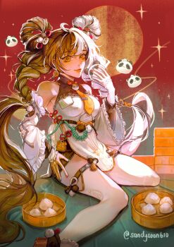 1girl ahoge animal_print aqua_nails bare_shoulders bear_print black_hair braid braided_twintails breasts china_dress chinese_clothes closed_mouth commentary detached_sleeves dialyn_(zenless_zone_zero) dress dumpling earrings food green_background green_pupils hair_extensions hair_ornament hairclip hand_on_own_hip highres holding holding_food jewelry light_smile long_hair looking_at_viewer medium_breasts multicolored_hair multicolored_nails necktie panda_hair_ornament panda_print red_background red_nails ring_hair_extensions sandysoon610 sitting solo sparkle split-color_hair thighhighs twitter_username two-tone_background wariza white_dress white_hair white_thighhighs wire yellow_eyes yellow_necktie zenless_zone_zero