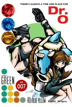 007 2girls 3boys absurdres age_difference ahoge armpits baseball_cap blastoise blue_eyes blue_oak breasts brown_hair china_dress chinese_clothes collared_dress dress earrings english_text eyelashes gen_1_pokemon gloves green_(pokemon) grey_hair hat highres jetpack jewelry karate knee_up knees legs long_hair looking_to_the_side medium_breasts movie_poster multiple_boys multiple_girls nintendo outstretched_arms parody pendant pilosophos pokemon pokemon_adventures ponytail professor_oak red_(pokemon) side_slit sidelocks sleeveless sleeveless_dress smirk spiked_hair teardrop_earrings white_gloves yellow_(pokemon)