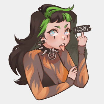 1girl bikini bikini_top_only black_bikini black_hair black_nails bras_d&#039;honneur breasts censored censored_gesture collar commentary english_commentary gluca green_hair highres long_hair makeup medium_breasts middle_finger multicolored_eyebrows multicolored_hair plug_(piercing) real_life see-through_cleavage see-through_clothes see-through_shirt shirt sleeves_past_wrists solo spiked_collar spikes streaked_hair swimsuit tongue tongue_out two-tone_hair upper_body wavy_hair