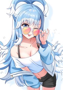 1girl blue_eyes blue_hair debi highres hololive hololive_indonesia kobo_kanaeru long_hair looking_at_viewer multicolored_hair one_eye_closed open_mouth smile sunglasses virtual_youtuber white_hair