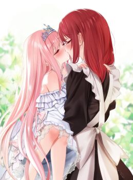 2girls apron bagel_sandica berry_(shoujo_no_nozomanu_eiyuutan) black_dress blush closed_eyes commentary_request dress hand_on_another&#039;s_shoulder highres kiss krische long_hair maid maid_apron master_and_servant multiple_girls off-shoulder_dress off_shoulder pink_hair red_hair shoujo_no_nozomanu_eiyuutan tiara white_apron white_dress yuri