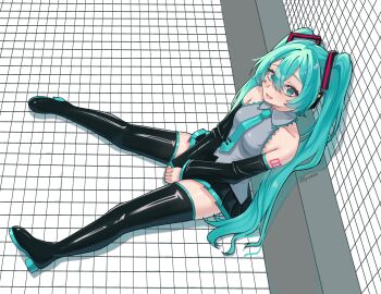 Rule 34 | 1girl, absurdres, aqua eyes, aqua hair, aqua necktie, black boots, black skirt, boots, breasts, commentary, detached sleeves, english commentary, grey shirt, hair between eyes, hatsune miku, highres, long hair, long sleeves, looking at viewer, medium breasts, necktie, open mouth, pleated skirt, pyruvate, shirt, sitting, skirt, sleeveless, sleeveless shirt, solo, tile floor, tile wall, tiles, twintails, vocaloid