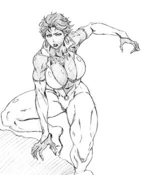 1girl black_hair bodysuit breasts brown_hair cleavage dark-skinned_female dark_skin dc_comics elbow_gloves gloves jewelry kubo_tite_(style) large_breasts looking_at_viewer monochrome necklace open_mouth rakusakugk short_hair simple_background sketch tooth_necklace very_dark_skin vixen_(dc) white_background