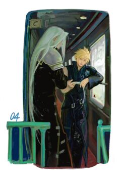 2boys armor black_gloves blonde_hair cloud_strife crossed_arms final_fantasy final_fantasy_vii final_fantasy_vii:_advent_children gloves grey_hair hand_in_another&#039;s_hair highres long_hair male_focus multiple_boys pauldrons popped_collar sansgarnish00 sephiroth short_hair shoulder_armor single_pauldron spiked_hair standing train_interior waist_cape window yaoi