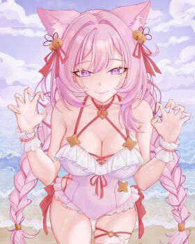 1girl alternate_costume animal_ear_fluff animal_ears beach bell breasts cat_ears cleavage cloud commentary diamond-shaped_pupils diamond_(shape) elysia_(herrscher_of_human:_ego)_(honkai_impact) elysia_(honkai_impact) english_commentary hair_bell hair_ornament highres honkai_(series) honkai_impact_3rd kemonomimi_mode large_breasts long_braid long_hair looking_at_viewer ocean one-piece_swimsuit outdoors paw_pose pink_hair pink_one-piece_swimsuit purple_eyes sky smile solo swimsuit sylllenne symbol-shaped_pupils thigh_strap thighs very_long_hair wrist_cuffs