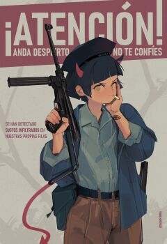 1girl absurdres belt beret black_hair blue_jacket blue_shirt brown_pants cigarette commentary demon_horns demon_tail english_commentary fulgora_(polilla) green_eyes gun hand_on_own_face hat highres holding holding_weapon horns jacket looking_at_viewer magazine_(weapon) pants polilla polivia propaganda shirt short_hair smile spanish_text submachine_gun tail tattoo vigneron_submachine_gun weapon wrist_tattoo