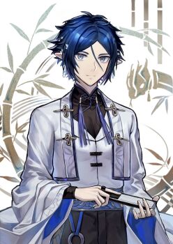 Rule 34 | 1boy, arknights, bamboo, belt, black pants, black shirt, blue belt, blue eyes, blue shirt, chaiko1030, commentary request, cowboy shot, earrings, hand fan, highres, holding, holding fan, jewelry, long sleeves, looking at viewer, male focus, mandarin collar, pants, pointy ears, ring, shirt, simple background, smile, solo, tassel, tassel earrings, two-sided shirt, undershirt, white background, white shirt, wide sleeves, zuo le (arknights)