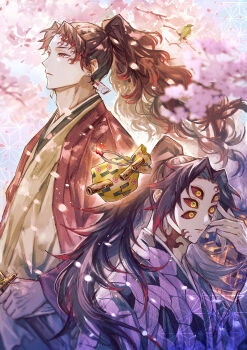 Rule 34 | 2boys, asa no ha (pattern), bag, black hair, blurry, blurry foreground, branch, cherry blossoms, closed mouth, colored sclera, commentary request, earrings, expressionless, extra eyes, facial mark, falling petals, floating hair, hanafuda, hanafuda earrings, hand up, haori, high ponytail, highres, holding, holding sword, holding weapon, honeycomb (pattern), jacket, japanese clothes, jewelry, kimetsu no yaiba, kimono, kinchaku, kokushibou, long hair, long sleeves, looking ahead, male focus, multicolored hair, multiple boys, open clothes, oyumai, parted bangs, petals, ponytail, pouch, purple kimono, red eyes, red hair, red jacket, red sclera, sidelocks, sword, text in eyes, tsugikuni yoriichi, upper body, weapon, wide sleeves, yellow eyes