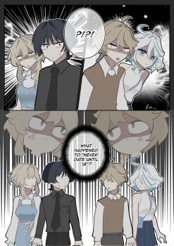 2boys 2girls aether_(genshin_impact) ahoge anger_vein bag bare_shoulders black_hair black_shirt blue_dress blue_eyes blue_skirt brother_and_sister collared_shirt commentary dress english_commentary furina_(genshin_impact) genshin_impact heterochromia highres long_hair looking_at_another lumine_(genshin_impact) multiple_boys multiple_girls remhotaru scaramouche_(genshin_impact) shirt short_hair shoulder_bag siblings skirt sleeveless sleeveless_shirt white_hair white_shirt