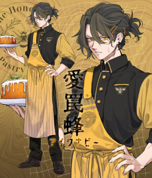 1boy ano_amesuke apron black_hair black_shoes cake commentary_request earrings food frown hair_between_eyes hair_ornament hairpin hand_on_own_hip highres holding holding_plate jewelry male_focus orange_eyes original plate ponytail shoes sleeves_rolled_up sweatdrop translation_request yellow_apron