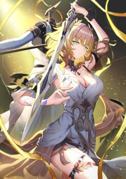 1girl absurdres aglaea_(honkai:_star_rail) ancient_greek_clothes blonde_hair breast_tattoo breasts cleavage closed_mouth commentary_request dress gao_kawa garmentmaker_(honkai:_star_rail) gold_tattoo greco-roman_clothes green_eyes hand_up highres holding holding_sword holding_weapon honkai:_star_rail honkai_(series) large_breasts laurel_crown looking_at_viewer mannequin memosprite short_hair sleeveless sleeveless_dress solo sword tattoo thigh_strap thighs thread weapon white_dress yellow_nails