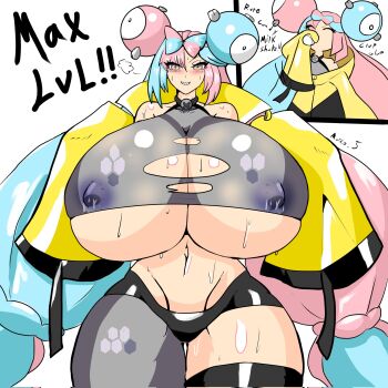 1girl blue_hair blush bottle breast_expansion breasts cleavage covered_erect_nipples curvy female_focus gen_1_pokemon gigantic_breasts growth hair_ribbon highres iono_(pokemon) lactation lactation_through_clothes long_hair looking_at_viewer magnemite marco_cordoba milk_bottle multicolored_hair navel nintendo pink_eyes pink_hair pokemon pokemon_sv ribbon sharp_teeth solo sweat teeth thick_thighs thighs torn_clothes twintails two-tone_hair underboob very_long_hair wide_hips