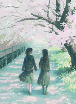 2girls backpack bag black_bag black_hair black_jacket black_shoes black_skirt black_socks blazer brown_bag cherry_blossoms commentary day fence fjsmu from_behind grass highres jacket long_hair long_sleeves looking_at_another medium_skirt multiple_girls original outdoors path pleated_skirt road school_bag school_uniform shoes short_hair shoulder_bag skirt socks tree walking white_socks wide_shot