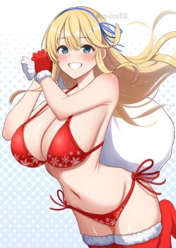 1girl bikini blonde_hair blue_ribbon breasts christmas commentary_request gloves green_eyes hair_ribbon katsuragi_(senran_kagura) large_breasts long_hair looking_at_viewer navel red_bikini red_gloves red_thighhighs ribbon santa_bikini santa_costume senran_kagura smile solo surippa1010 swimsuit thighhighs twitter_username