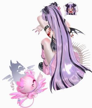 1girl anger_vein bat_wings black_streaks breasts cat_shadow_puppet_(meme) commentary creature double_bun english_commentary facing_away fangs fingernails from_behind full_body hair_bun hair_sprinkles heart_hair_bun highres indie_virtual_youtuber leg_warmers long_hair medium_breasts meme multicolored_hair multicolored_nails multiple_views myuutew nail_polish no_shadow pink_leg_warmers pink_skirt pointy_ears purple_hair second-party_source shadow simple_background skeletal_tail skirt spikes sprinkle_hershy sprinkles squatting streaked_hair tail torn_wings vampire virtual_youtuber white_background wings