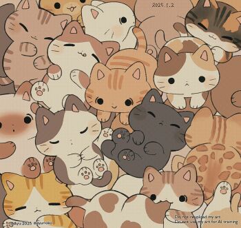 Rule 34 | :<, :3, animal, animal focus, artist name, ayu (mog), black cat, brown cat, cat, closed eyes, closed mouth, commentary request, dated, orange cat, original, smile, solid circle eyes, twitter username, watermark, white cat