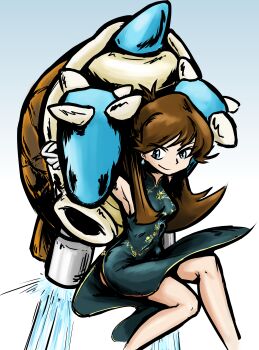 1girl absurdres ahoge armpits blastoise blue_eyes breasts brown_hair china_dress chinese_clothes clenched_hands collared_dress crease dress earrings eyelashes female_focus gen_1_pokemon gloves gradient_background green_(pokemon) highres holding holding_pokemon jetpack jewelry knee_up knees legs long_hair looking_to_the_side medium_breasts nintendo outstretched_arms parody pendant pilosophos pokemon pokemon_(creature) pokemon_adventures scan side_slit sidelocks sleeveless sleeveless_dress smirk teardrop_earrings tight_clothes tight_dress water white_gloves