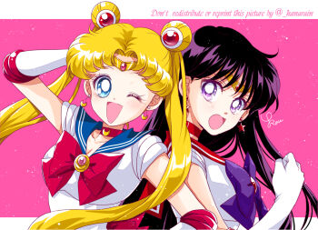 2girls bishoujo_senshi_sailor_moon black_hair blonde_hair blue_eyes blue_sailor_collar breasts circlet cleavage collarbone crescent crescent_choker crescent_earrings double_bun earrings elbow_gloves gem gloves hair_bun hino_rei jewelry long_hair looking_at_viewer multiple_girls one_eye_closed purple_eyes red_gemstone red_sailor_collar sailor_collar sailor_mars sailor_moon sailor_senshi_uniform sarashina_kau smile star_(symbol) star_earrings tsukino_usagi twintails v-shaped_eyebrows white_gloves